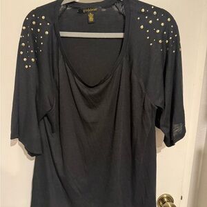 Goddess Black Scoop Neck Top with Gold Stud Shoulder Detail